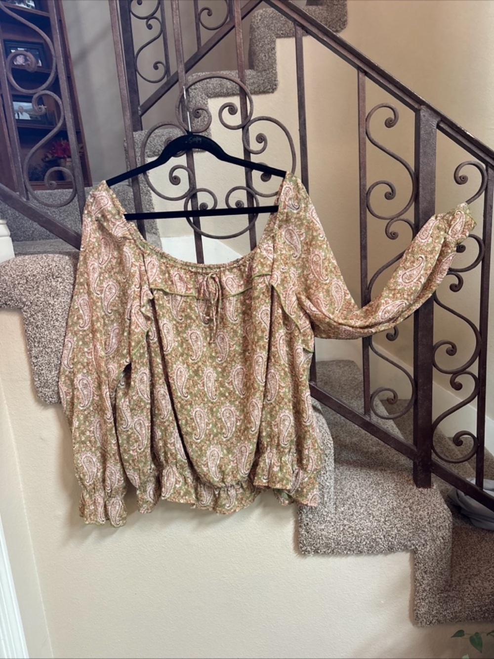 DR2 - Green Swiss dot paisley square neck or off shoulder peasant peplum top XXL